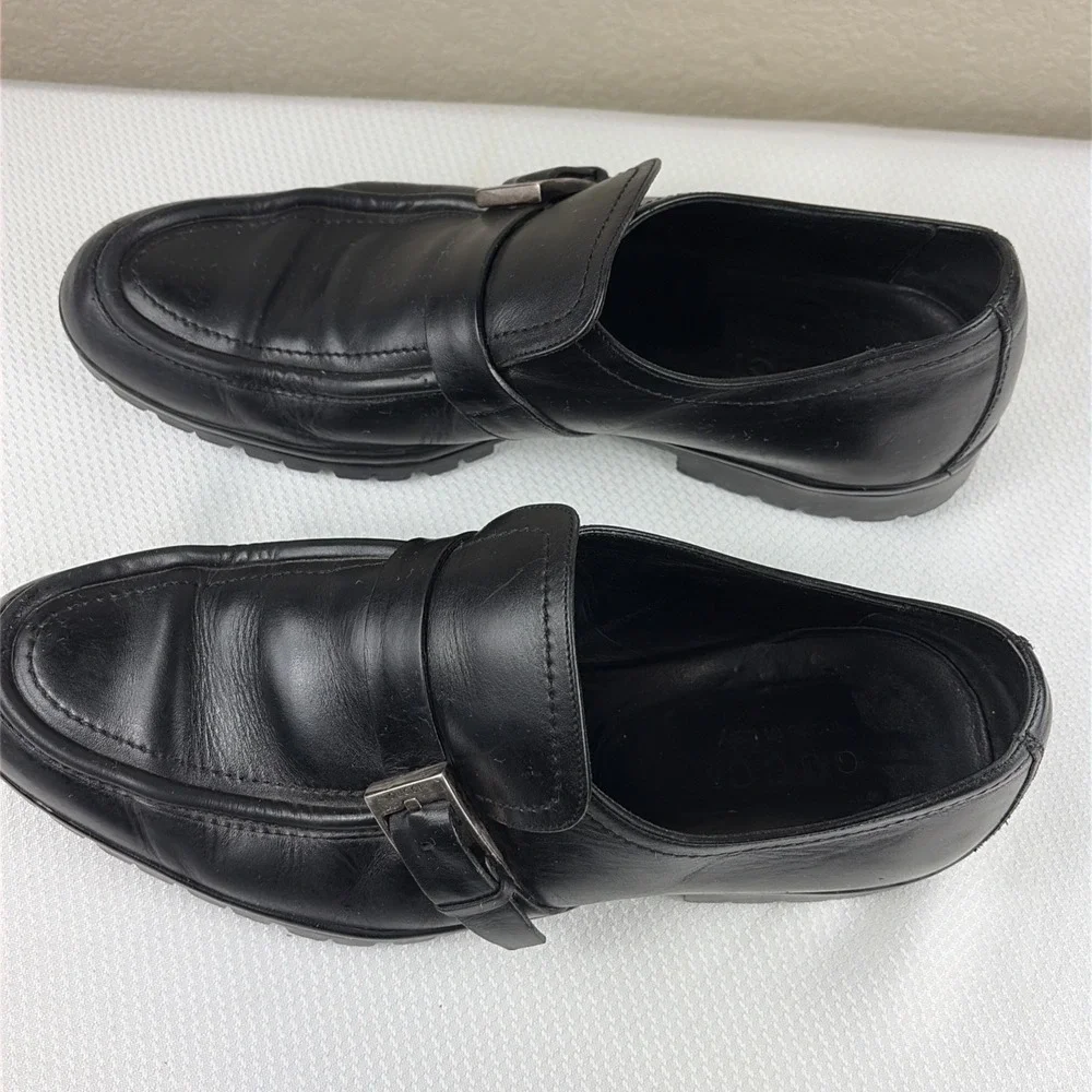 GUCCI Men's Black Leather Buckle Loafers With Rubber Lug Soles, Size 10.5